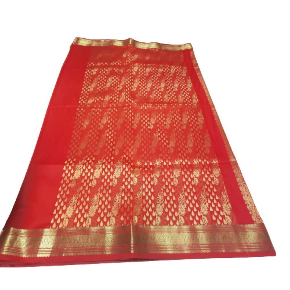 Saree, Sari, Red Saree with Gold Accents- Unstitched- NEW